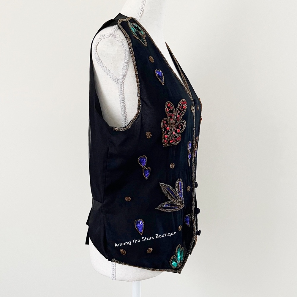 Rare 90s Vintage Embellished Sequin & Beaded Silk Vest ASO Phoebe in Friends - Picture 13 of 14
